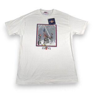 Vintage FDNY Shirt Adult LARGE White Fire Department Flag 911 USA Deadstock Y2K